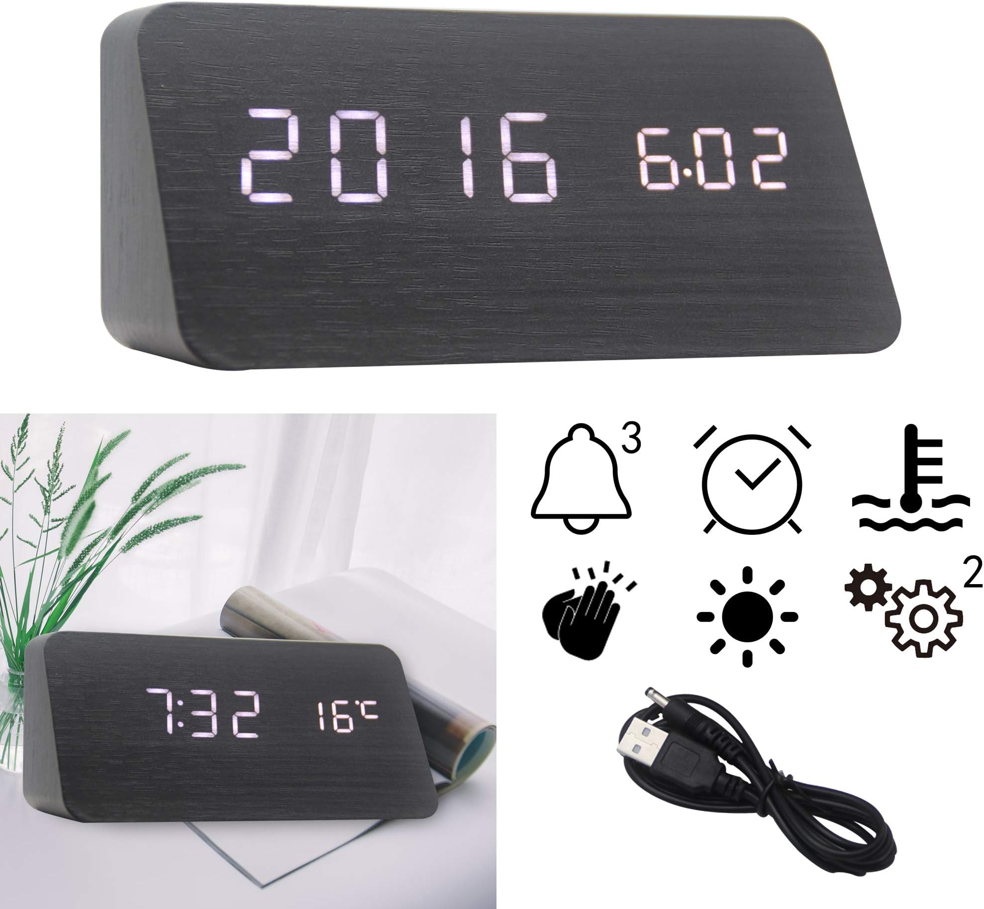 OFLILAK Digital Alarm Clock, with Wooden Design &Adjustable Brightness for Heavy Sleepers, 3 Alarm Setting Plus Weekend Setting, Display Time Temperature Humidity Date for Bedroom Office (Black)