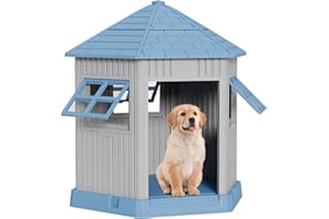 Fancyango Large Dog House Indoor Outdoor for Small Medium Large Dogs, Weatherproof Puppy Shelter with Elevated Floor & Air Vents & Removable Roof & Adjustable Window (Bule, 36.61''L*29.5''W*37.4''H)