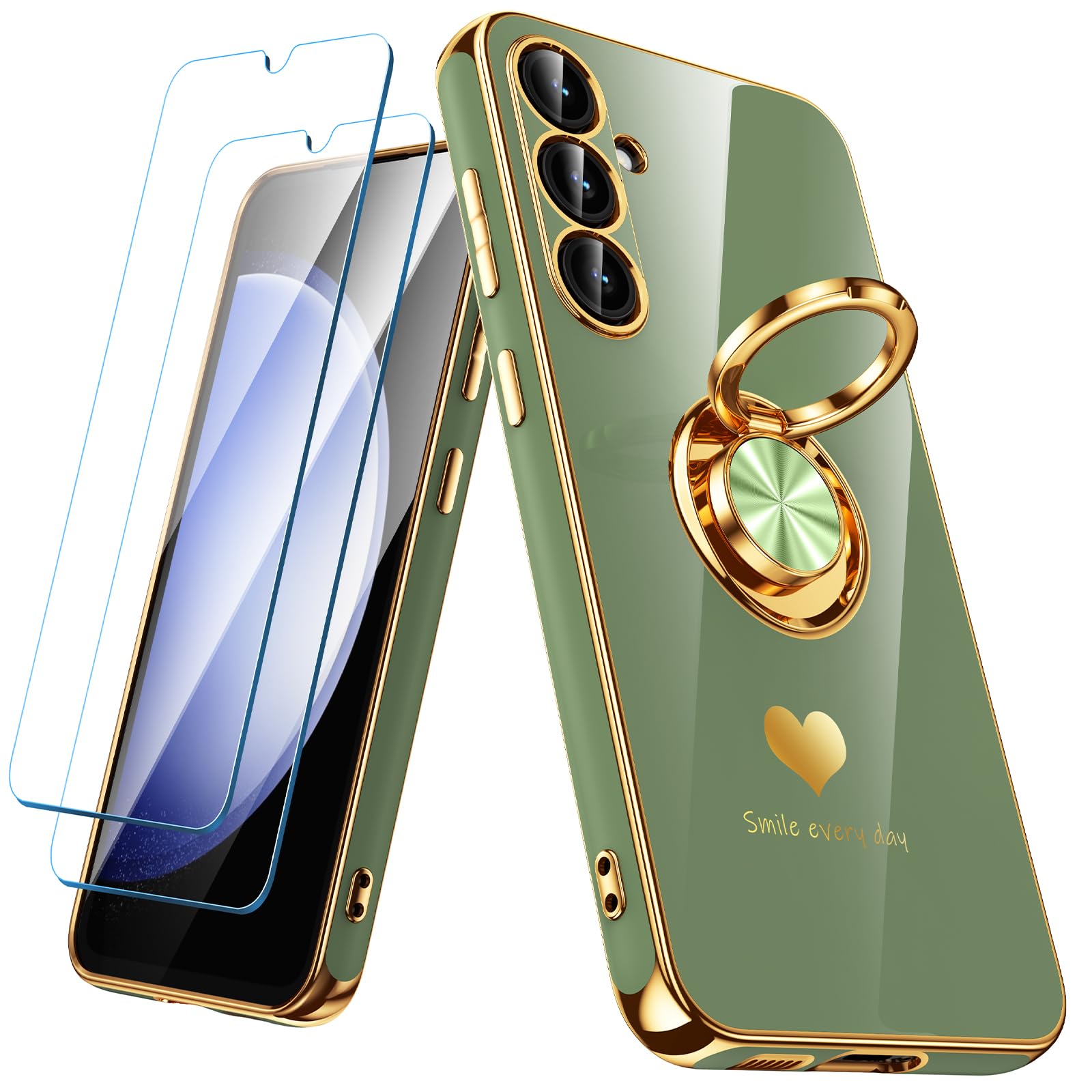 Nonional for Samsung Galaxy S23 FE 5G Case with 2 Pack Screen Protector, 360° Rotatable Ring Holder [Luxury Hearts Pattern] Plating Gold Edge Slim Soft Phone Cover Case for Galaxy S23 FE - LightGreen