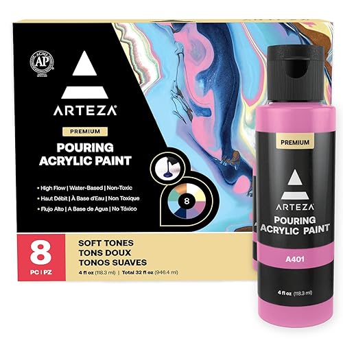 ARTEZA Acrylic Pouring Paint Set, 8 Pastel Colors, 4 oz Bottles, High-Flow Paint, No Mixing Needed, Art Supplies for Canvas, Glass, Paper, Wood, Tile, and Stones