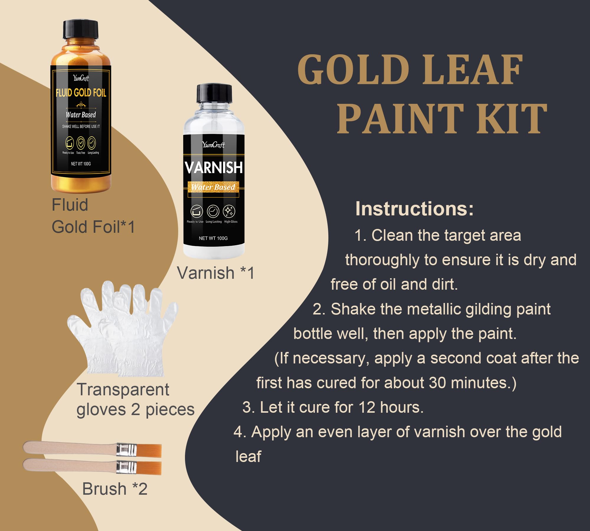 Liquid Gold Leaf Paint, Acrylic Paint Metallic Gold 100ml and Gloss Varnish 100ml, Shiny Rich Gold Liquid Gilding for Art Painting, Ideal for Craft Canvas Fabric, Non Fading, Non Toxic, Water-Based