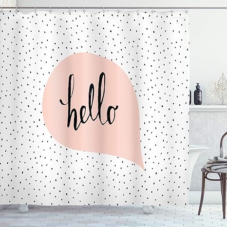 Amazon Co Jp Bigleaderこんにちはピンクの吹き出しに手文字メッセージこんにちは黒のドットの背景に浴室 防水 防カビ加工 洗面所 間仕切り 目隠し用 取付簡単 180 180 Cm ホーム キッチン