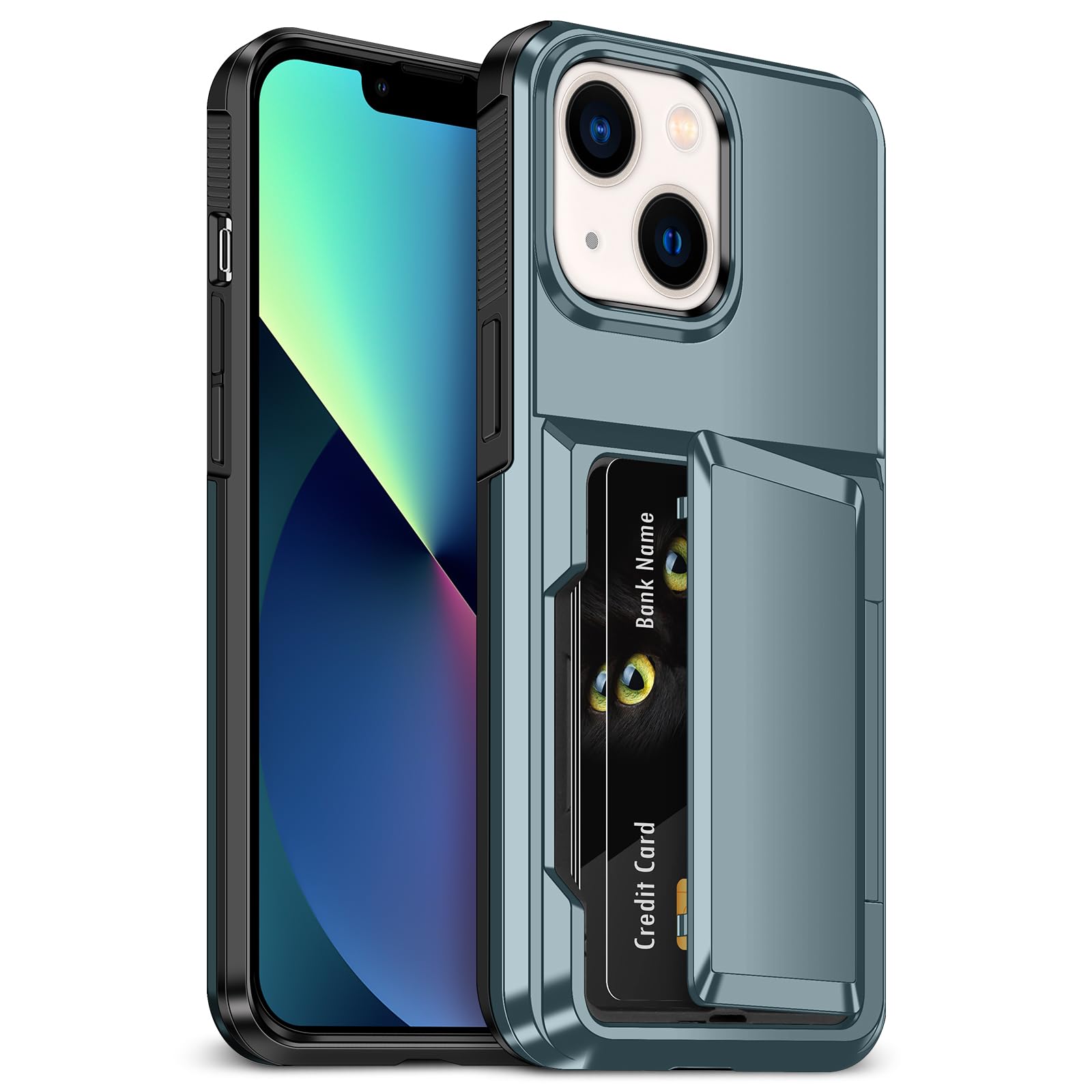 YEBOLU for iPhone 13 Case with Card Holder [Max 5 Cards] Heavy Duty Protective Shockproof Case Dual Layer Hidden Sliding Card Slot Wallet Case for iPhone 13 Phone Case Women&Men 6.1'' (Blue)