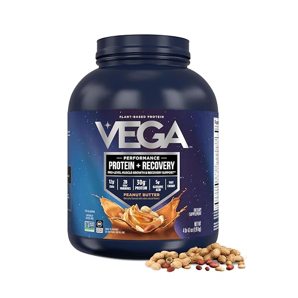 VEGA PROTEIN + RECOVERY, PEANUT BUTTER – 30G VEGAN PROTEIN, DAIRY & GLUTEN FREE, PROBIOTICS, NSF CERTIFIED, 67.2 OZ (45 SERVINGS)