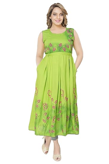 Women's Green Printed Cotton Rayon Maternity cum Feeding Long Kurti Dress for Casual & Daily Wear