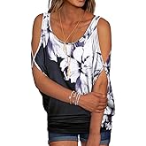 RANPHEE Womens Summer Cold Shoulder Tops Casual Scoop Neck Loose Fit T Shirt