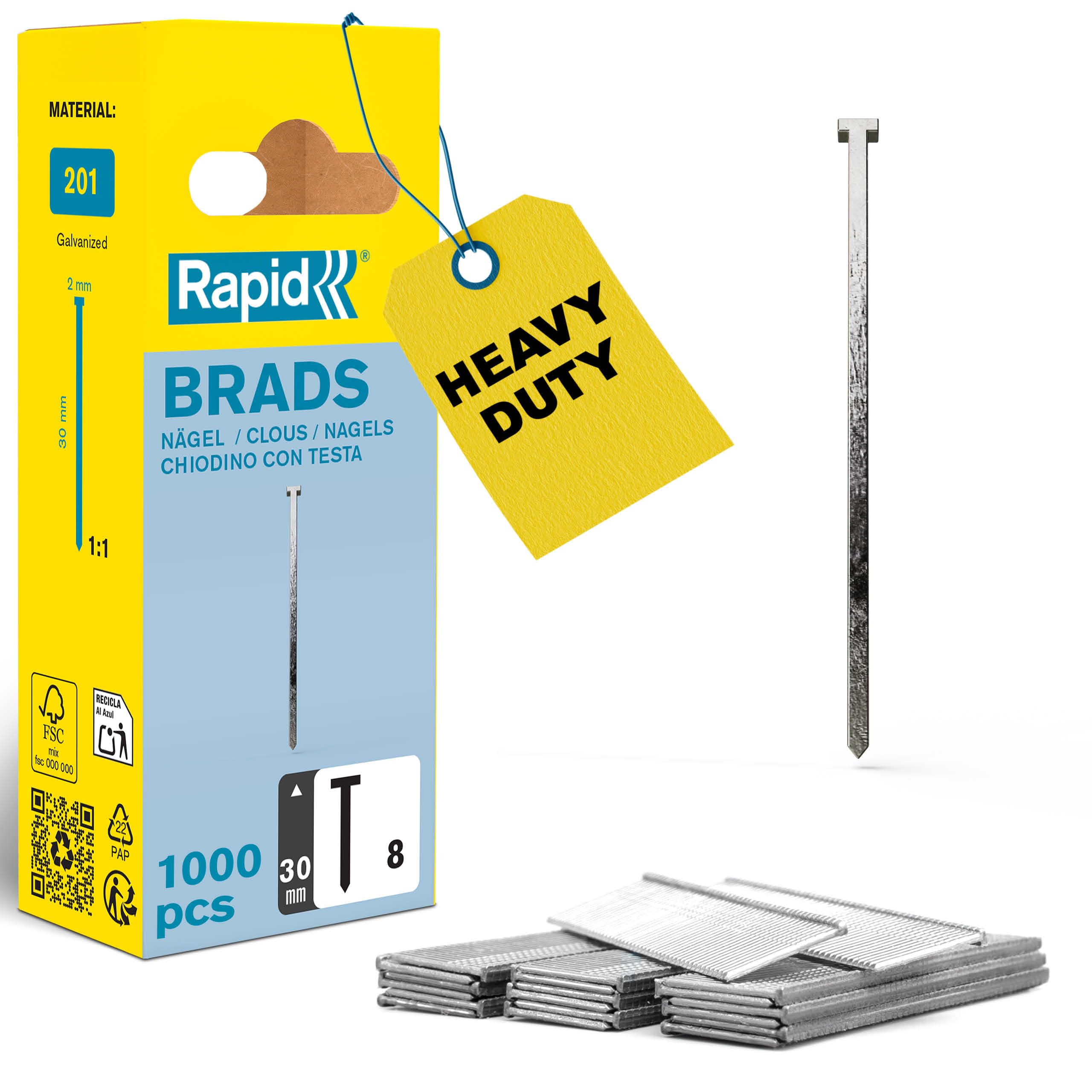 Rapid High Performance No.8 Galvanised Steel Brad Nails, Wire Length: 30 mm, 40109536 - 1000 Pieces