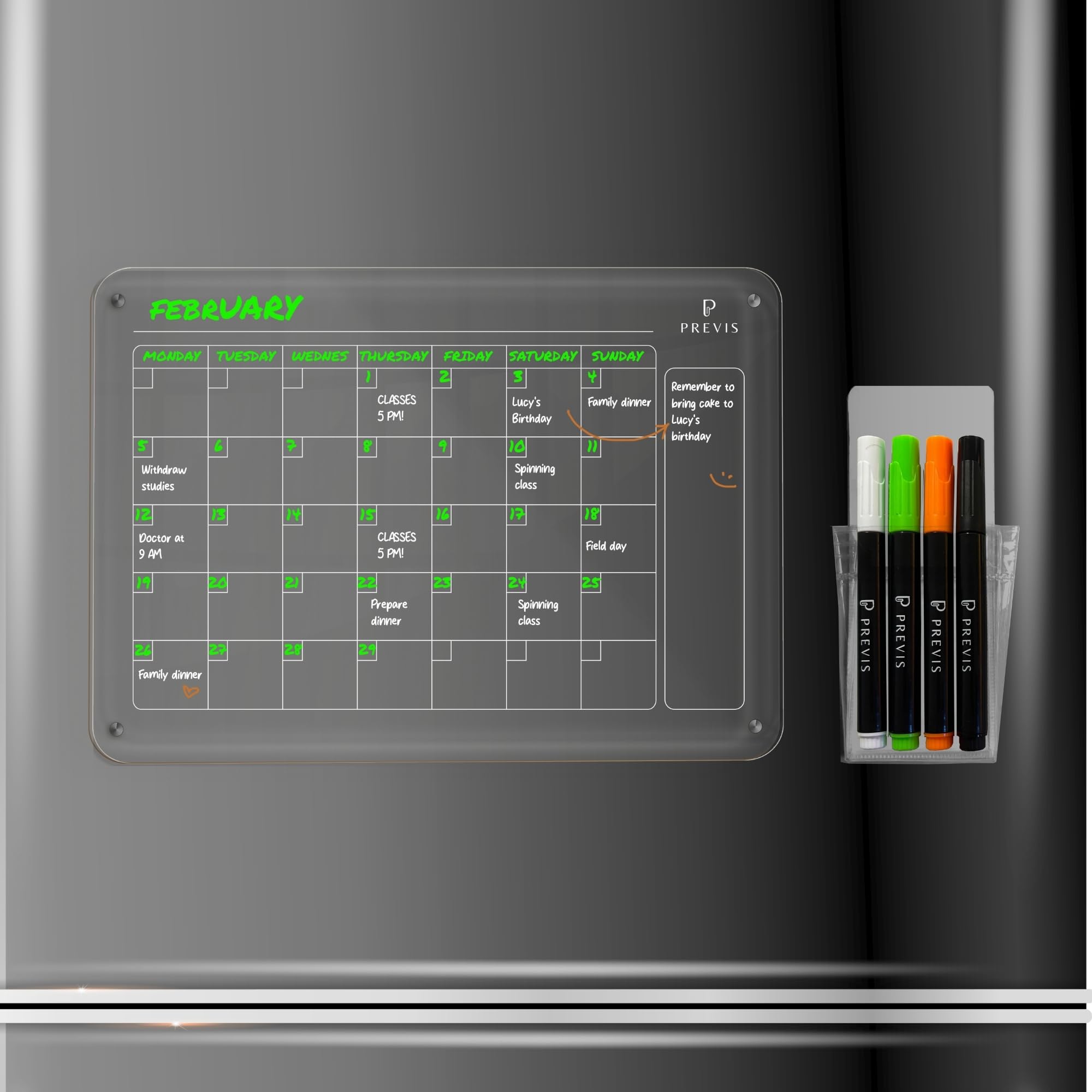 PREVIS Brand Magnetic Calendar Fridge Transparent Acrylic A4 (21 x 30 cm) 4 Markers Very Fine Tip – Transparent Whiteboard Magnetic Fridge Acrilyc – Monthly Planner Kitchen Organizer