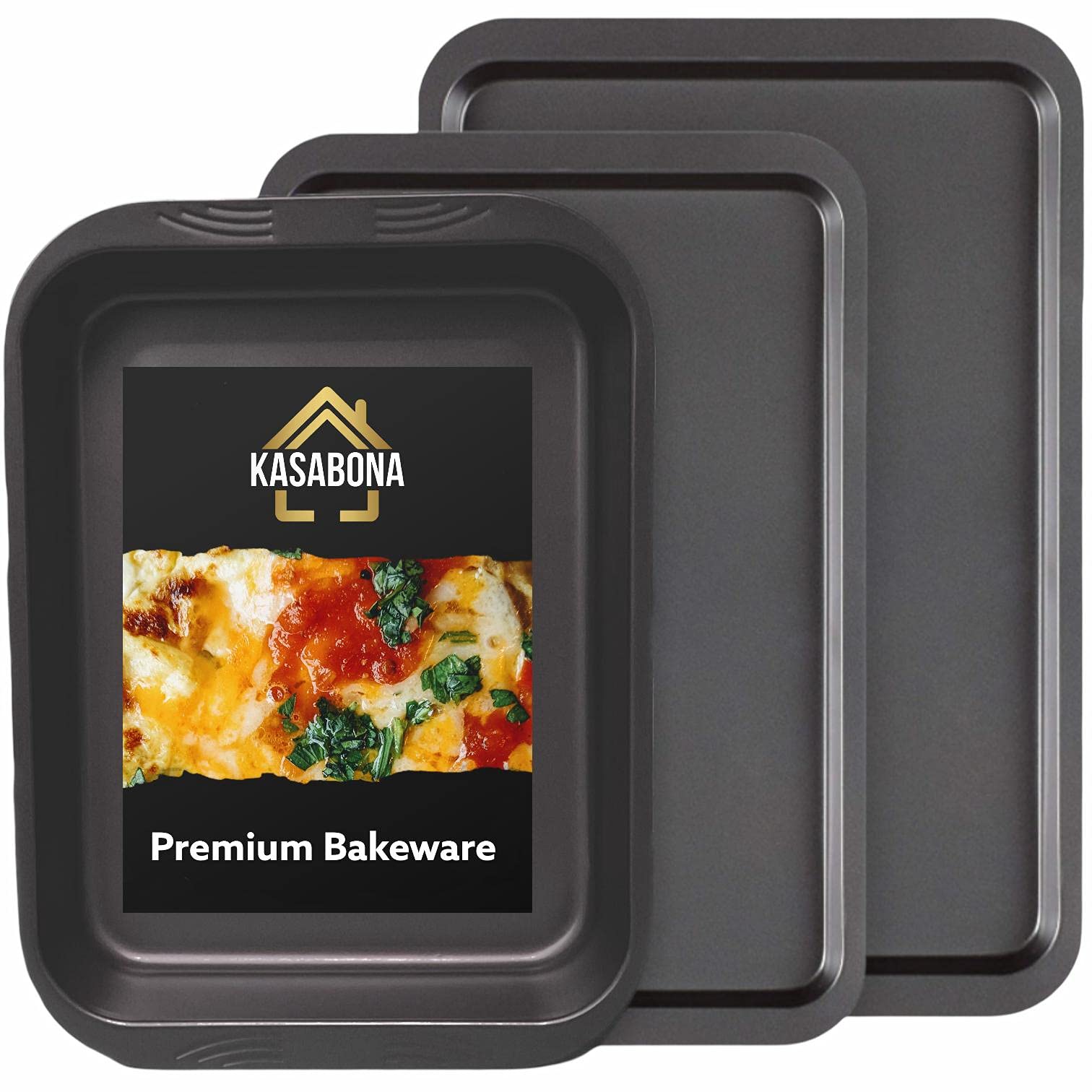 KasaBona Premium Bakeware Non Stick Baking Roasting Cooking Oven Trays 3 Piece Set – Deep Roasting, Medium & Large Baking Tray