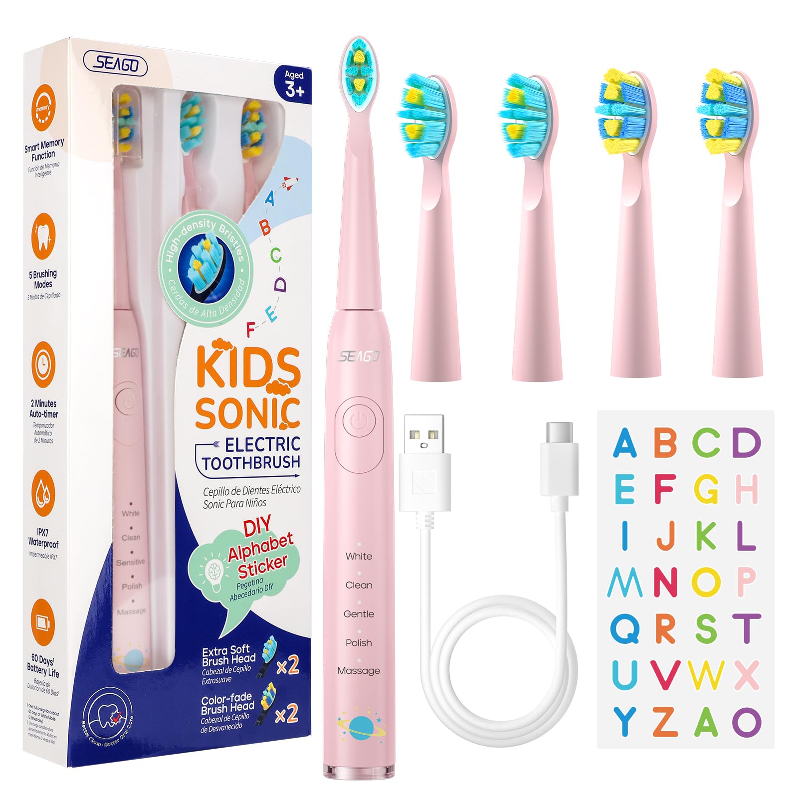 SEAGO Kids Electric Toothbrush, Sonic Soft Bristle Rechargeable Toothbrushes with DIY Stickers, 5 Modes, Includes 4 Replacement Brush Heads, Ages 3 to 12 Years Old (Pink)