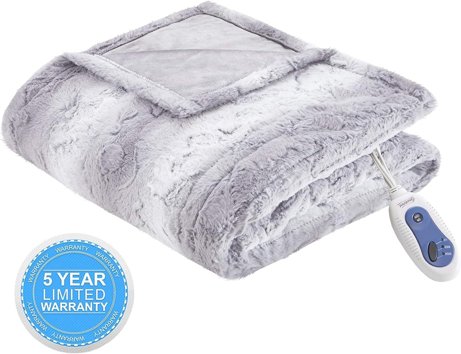 Beautyrest Zuri Electric Blanket Throw Ultra Soft Faux Fur Reverse to Mink Auto Shut Off Oversize with 3 Heat Level Setting Controller, 50x70, Grey Tip Dye: Home & Kitchen