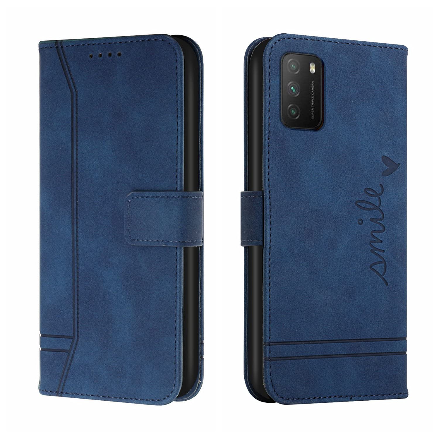 QIWEIQING Compatible with Xiaomi Redmi 9T Case, Premium Soft Leather TPU Retro Flip Wallet with 3 Card Holder Magnetic Shockproof Protective Cover for Xiaomi Poco M3 / Redmi 9T.Blue HX