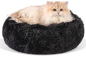 Kimpets Dog Bed Calming Dog Beds for Small Medium Large Dogs - Round Donut Washable Puppy Dog Bed, Anti-Slip Faux Fur Fluffy Donut Cuddle Anxiety Cat Pet Bed(16'' Black)