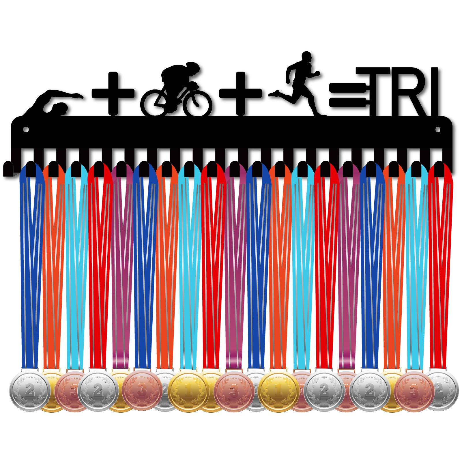 CREATCABIN Triathlon Medal Holder Hanger Medals Display Rack Black Swimming Cycling Running Metal Medals Shelf Plaques Hangers Organizer Medal Frame Wall Mounted for Award Ribbon 15.7 x 4.3Inch