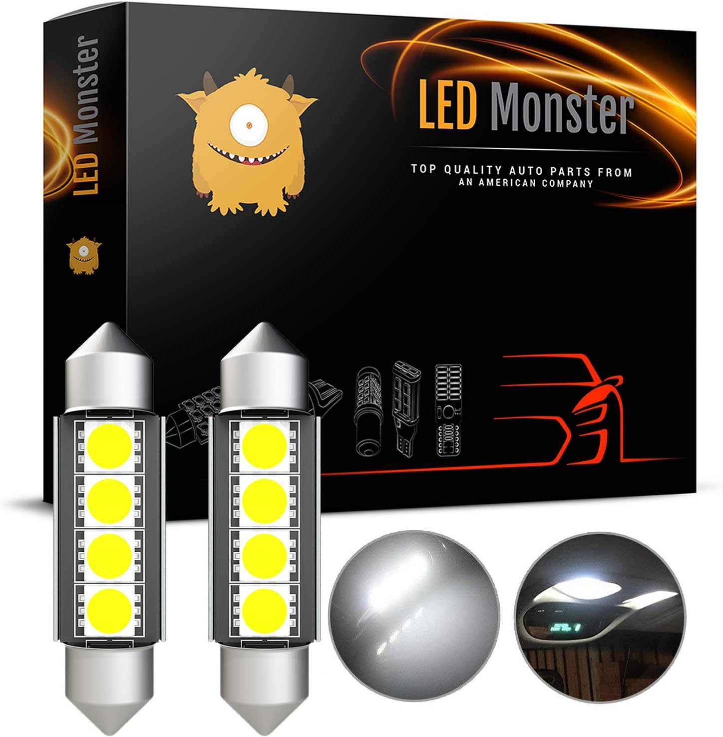 LED Monster 2-Pack White 42mm Festoon LED Light Bulbs Error Free Interior Map Dome Lights 211-2 578 569