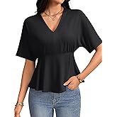 KIFOVEN Women's Ruffle V Neck Short Sleeve Ruched Dressy Casual Tunic Blouse Tops