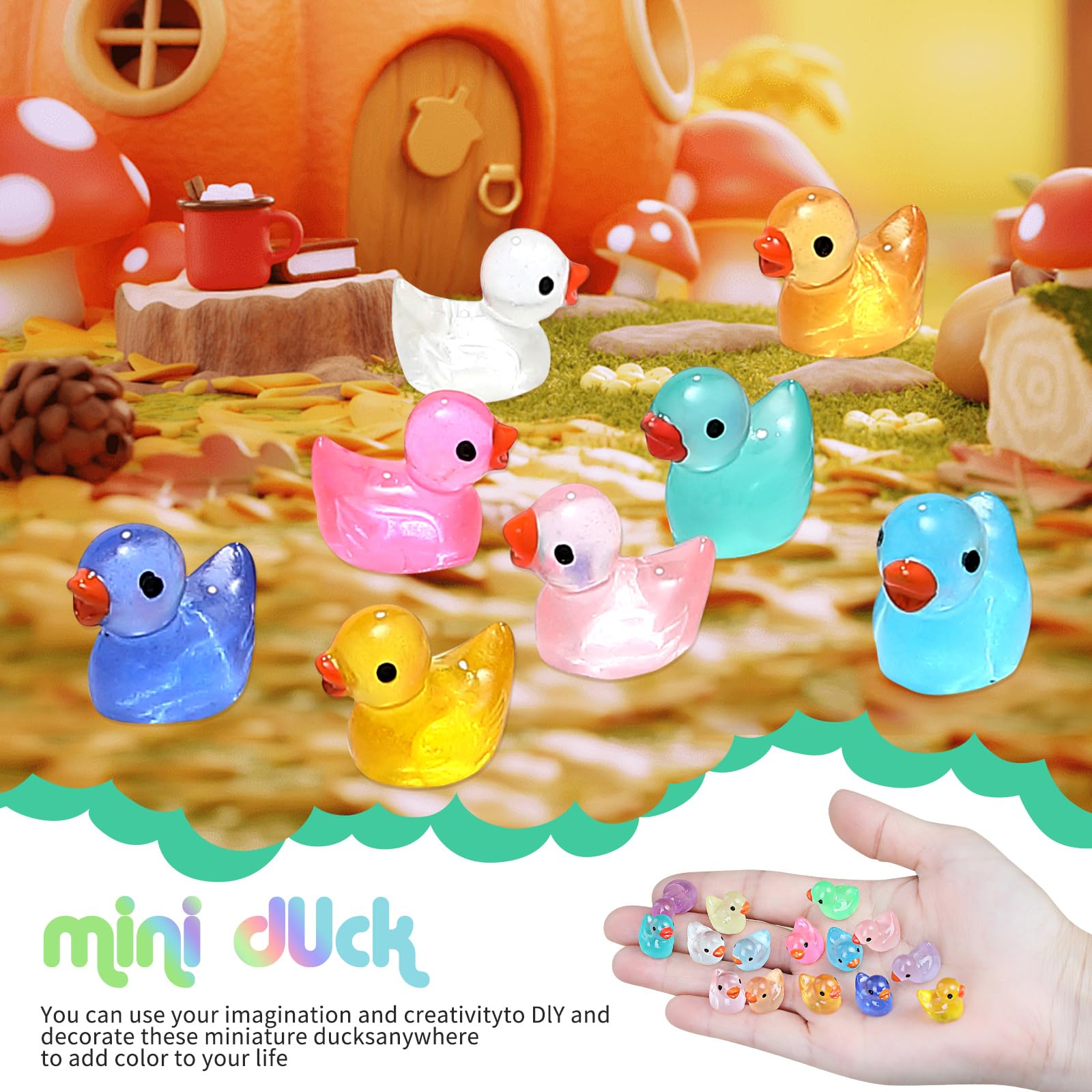 225 Pcs Luminous Mini Resin Ducks Bulk 15 Colors Tiny Duck Glow in The Dark for Garden Micro Landscape Dollhouse Aquarium Potted Ornament Charms Birthday Party DIY Toys Craft Accessories