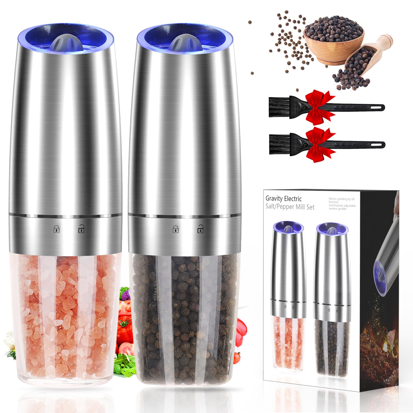Photo 1 of Gravity Electric Pepper and Salt Grinder Set, Adjustable Coarseness, Automatic Shakers Mill Grinder with LED Light, Battery Powered, Upgraded Larger Capacity, One Hand Operated (Sliver 2 Pack)