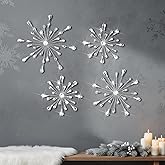 Hicarer 4pcs 3D Silver Metal Starburst Wall Decor Bling Crystal Wall Art Cast Iron Rhinestones Sunburst Decor Jeweled Hanging Glitter Diamond Accents Home Decorative for Living Room Bedroom Entryway