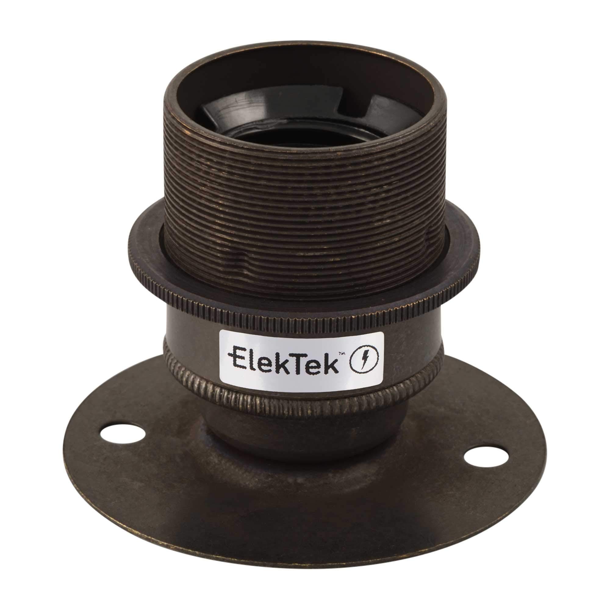 ElekTek Bronze E27 Batten Lamp Bulb Holder with Shade Ring ES Edison Screw - Flat Base fits BESA Conduit Box 50mm/2” Centre Fixings - Made in UK