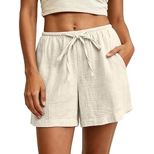 Linen Shorts for Women Cotton Elastic High Waisted with Pockets Drawstring Wide Leg Casual Summer Beach Short Pants