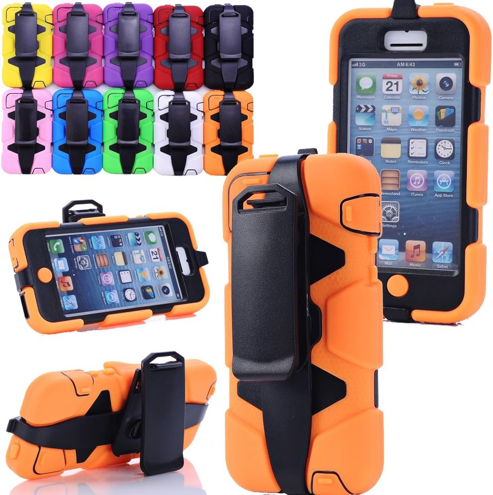 Generic For iphone 5C Rubber Case, Defender Series Heavy Duty Army Military Grade Shock-absorbing Weather Shatter-resistant Extreme Impact Hybrid Built-in Screen Protector Camo Hunter Case With Belt Clips/Holster For iphone 5C Only (Not For iphone 5/5s) (Orange)