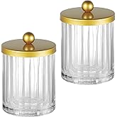 Amolliar Qtip Holder Dispenser for Bathroom, Clear Glass Canister Apothecary Jar for Cotton Swabs, Cotton Balls, Makeup Pads, Floss Picks, Container for Countertop Vanity Storage Organizer,Gold 2 Pack