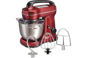 Hamilton Beach Electric Stand Mixer, 4 Quarts, Dough Hook, Flat Beater Attachments, Splash Guard 7 Speeds with Whisk, Red