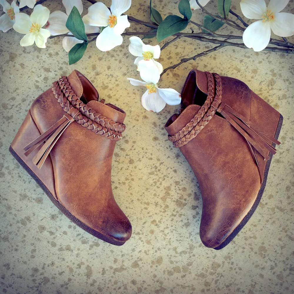 Womens Wedge Ankle Boots Braided Fringe Strap Western Heeled Winter Booties Shoes (1-brown, numeric_7) - Image 4