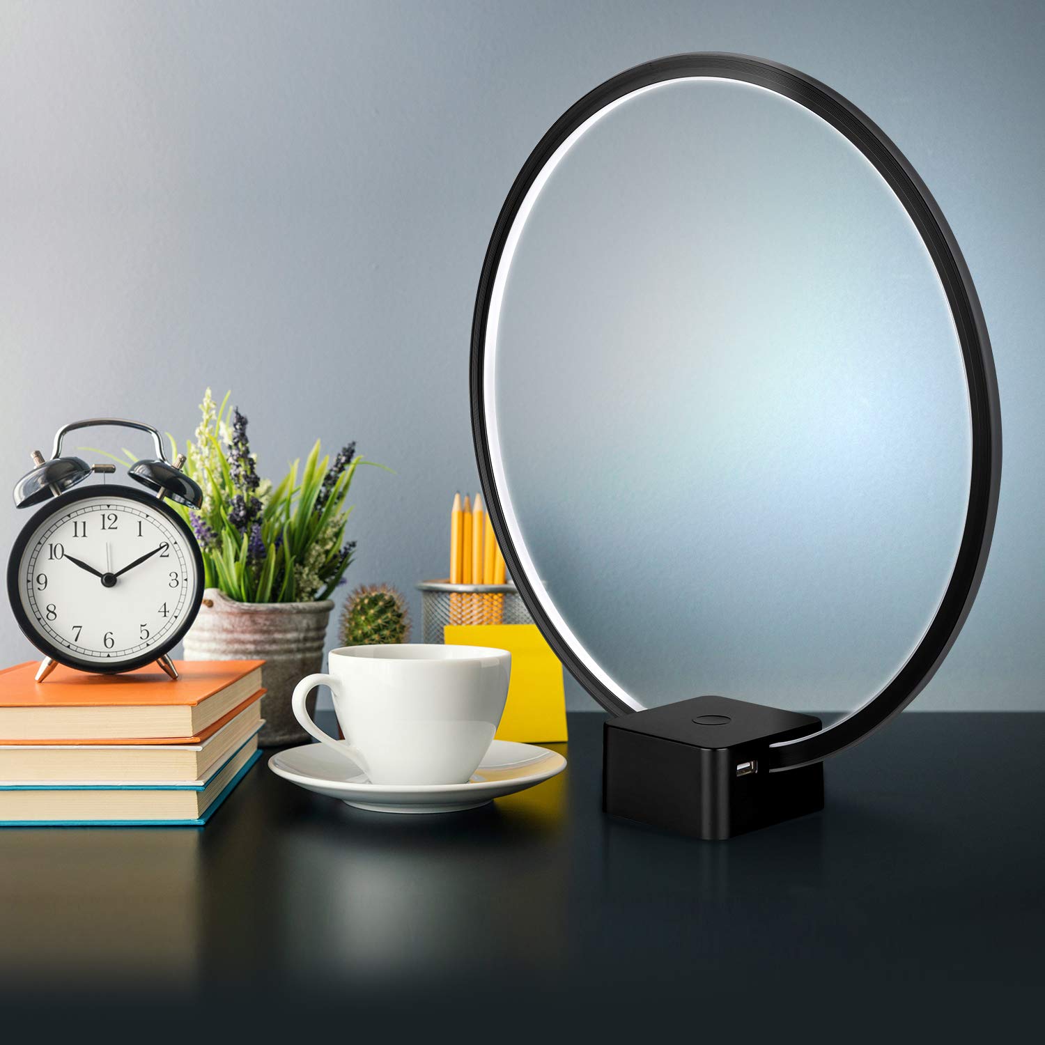 Brightech Circle LED Nightstand Lamp with USB Port – Compact Bed Stand Lamp for Bedroom, Living Room - Modern Asian Table & Desk Lamp on Side & End Tables - Jet Black