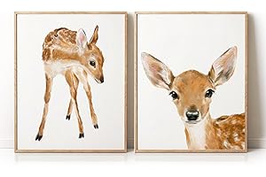 Triple Studio Baby Fawn Art Prints, Set Of 2, Boho Nursery Room Wall Decor, Adorable Woodland Deer Animal, Cute Girl Bedroom,