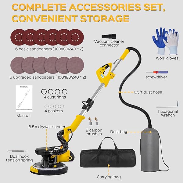DRYWALL SANDER TOOL, KUPERIA 8.5 AMP POPCORN CEILING REMOVAL TOOL WITH 7 VARIABLE SPEED 800-1800RPM, ELECTRIC DRYWALL SANDER WITH EXTENDABLE HANDLE, LED LIGHT,6 BASIC SAND PAPER & 6 GRID SANDPAPER