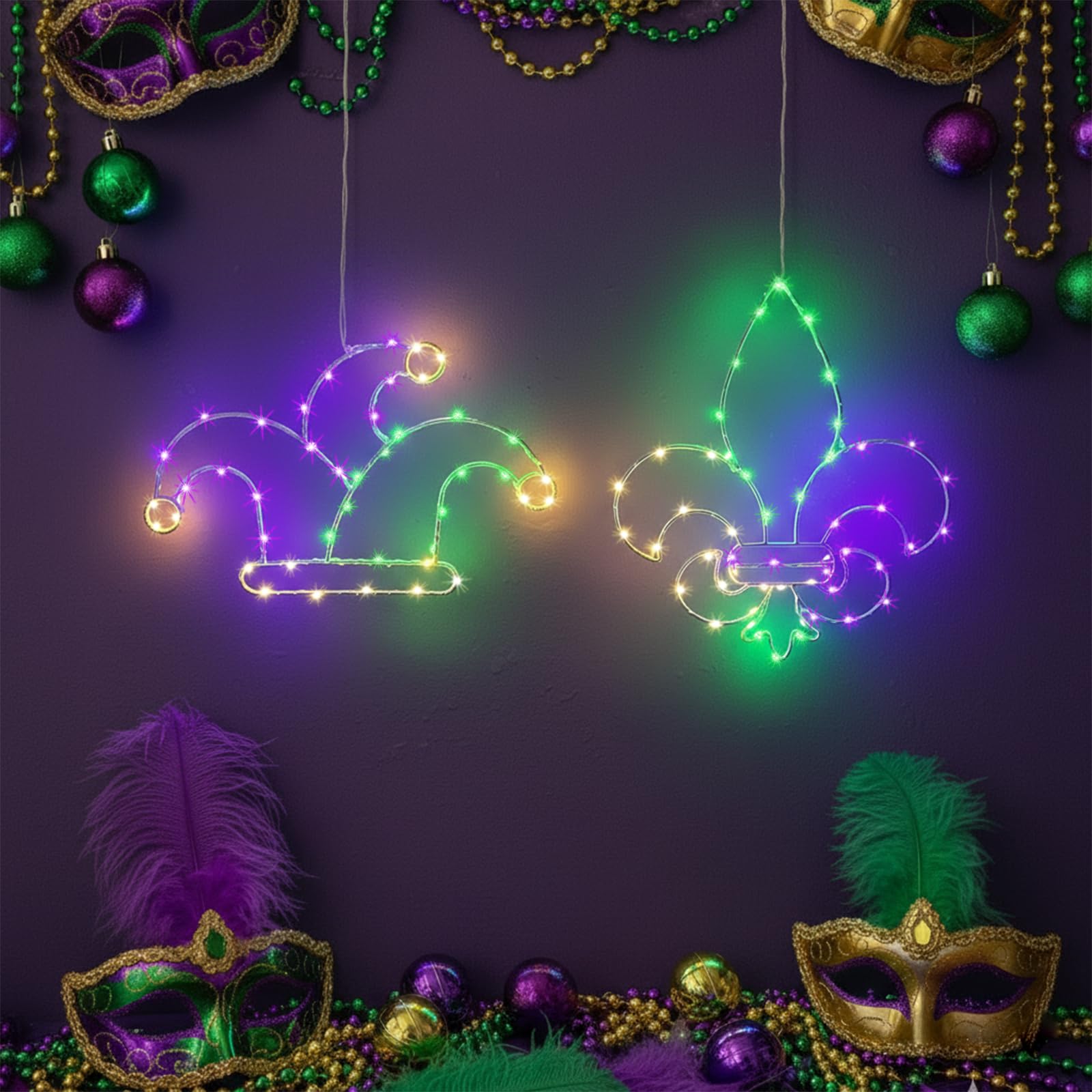 Photo 1 of 2 Pcs Mardi Gras Window Lights, Battery Operated LED Lights, Fleur De Lis & Clown Hat Hanging Lights for Indoor & Outdoor, Light Up Decorations for Mardi Gras Party & Home Decor