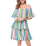 BEBPILOO Women's Off The Shoulder Mini Layered Ruffles Dress Summer Short Sleeve Loose Casual Chiffon Party Midi Beach Dress