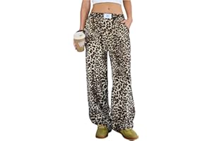 RoseSeek Girl's Leopard Pants Patched Straight Leg Linen Baggy Pants Elastic Waist Casual Beach Summer Pants