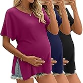 Riyiper 3 Pack Women's Maternity Tunic Shirts Cotton Summer Pregnancy Clothes Loose Oversized Split Side Blouse Tops
