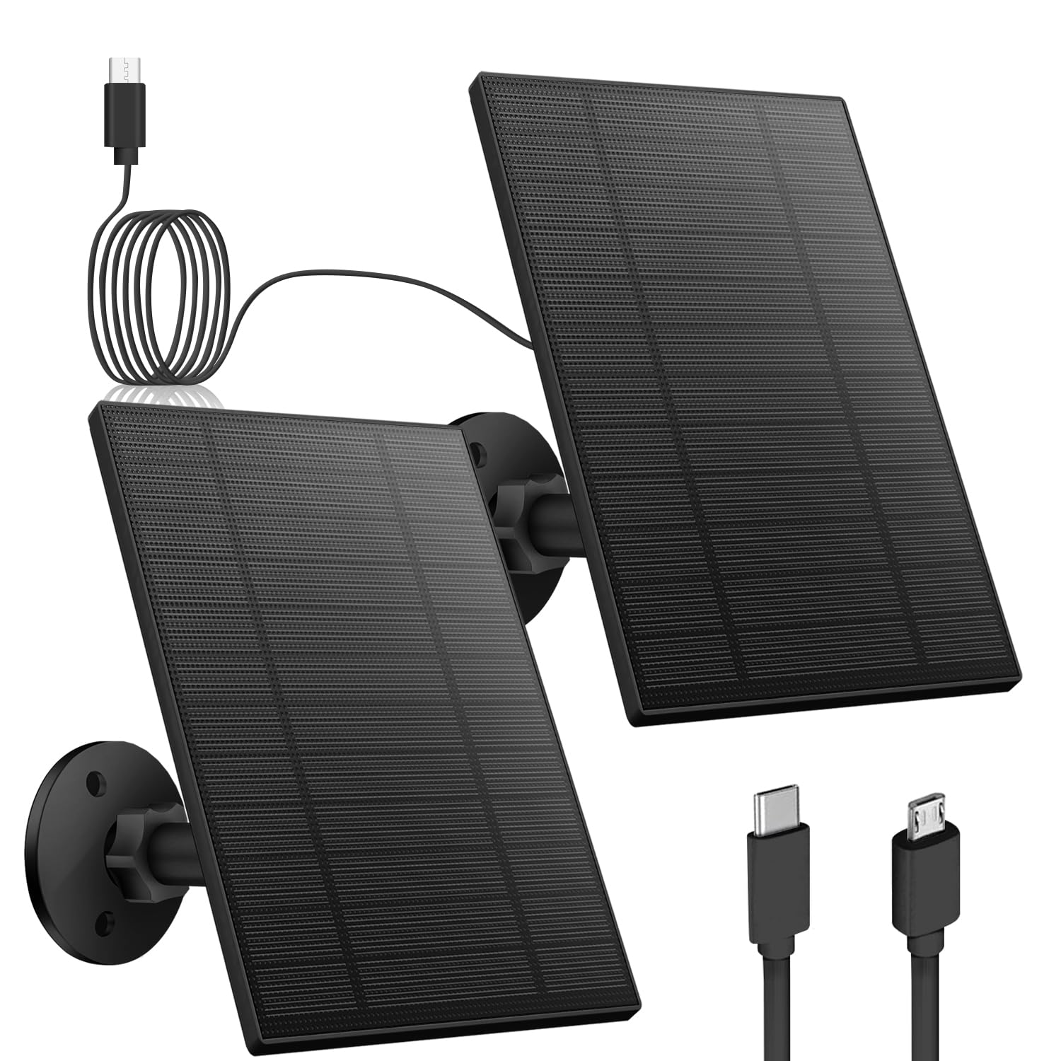 Photo 1 of 2PC 5W Solar Panel for Security Camera, Solar Panel with Micro USB & USB-C Port for DC 5V Outdoor Rechargeable Battery Camera, IP65 Waterproof, 360° Adjustable Security Mount, 9.8ft Cable(Black)