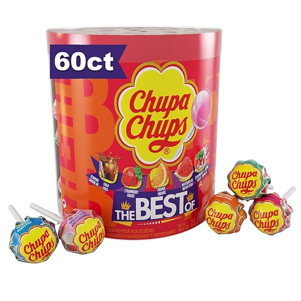 CHUPA CHUPS ‘BEST OF’ HALLOWEEN TRICK OR TREAT CANDY LOLLIPOP VARIETY ASSORTMENT, 5 FLAVORS, INDIVIDUALLY WRAPPED BULK CANDY FOR ADULTS & KIDS, 25.3 OZ DRUM (60 SUCKERS)