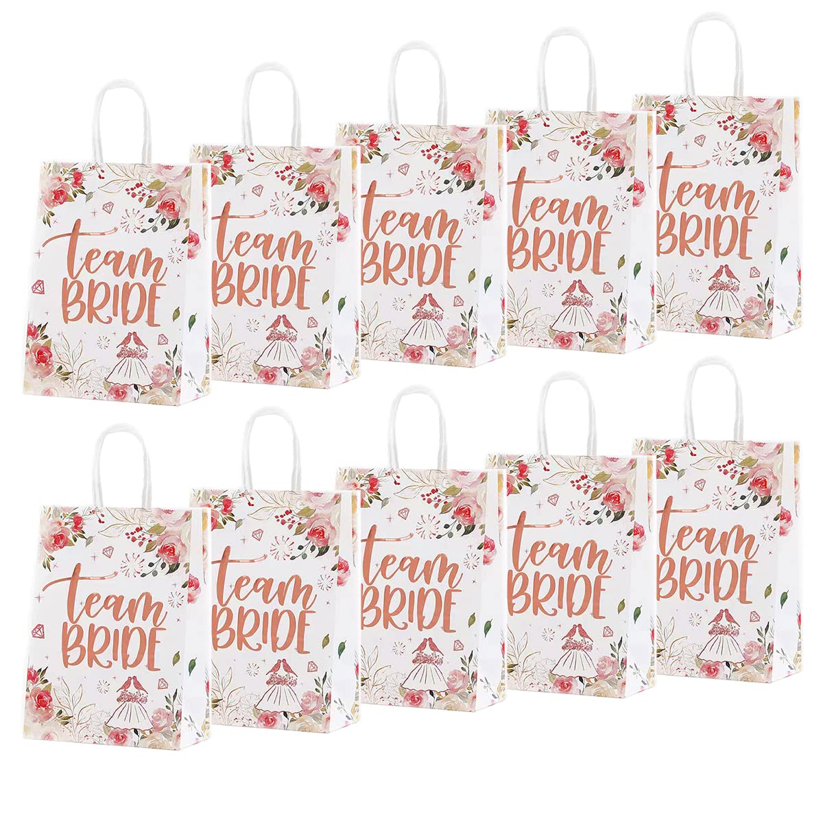 10 Pcs Hen Party Bags, Hen Party Gift Bag Rose Gold Foiled Hen Do Paper Bags Floral Team Bride Bags for Wedding Bridal Shower Bachelorette Party