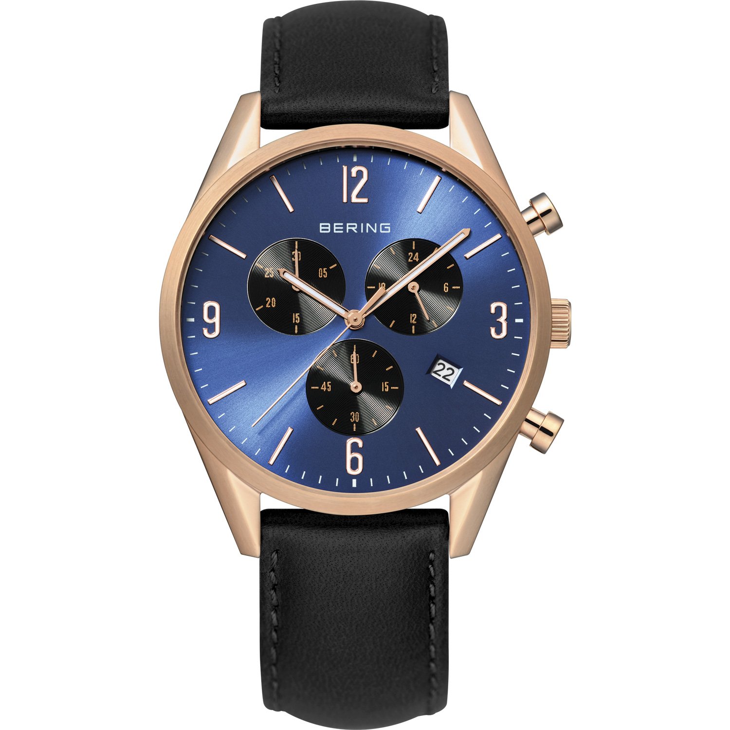 BERING Men's Quartz Watch, 42 mm Rose-Gold Stainless-Steel Case and Blue Dial, Calfskin Strap, Sapphire Crystal, 5 ATM, 10542-567