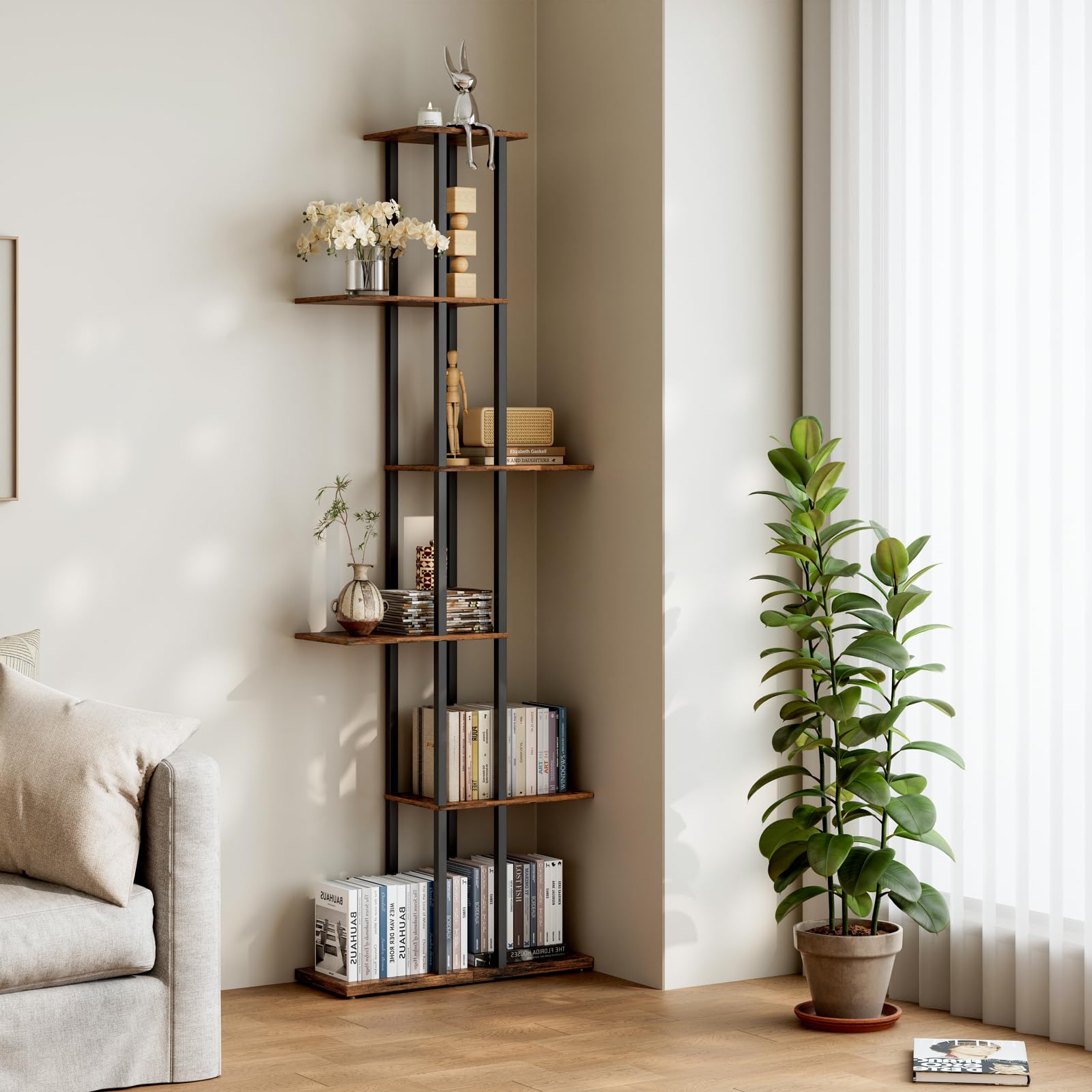 Photo 1 of DGSANDGO Bookshelf?Small Bookcase for Small Space?6-Tier Bookshelf for Living Room, Home Office, Study?9.45 x 20.8 x 62.2 Inches,Rustic Borwn