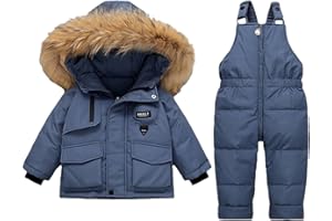 Girls Boys Heavyweight 2 Piece Skisuit Waterproof Snowsuit 𝗕𝗶𝗯 Overalls and Faux Fur Hood Jacket Ski Overalls Set Snowwear