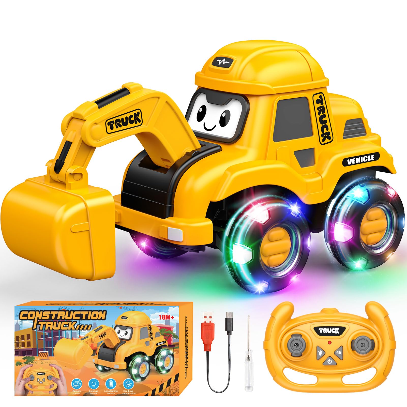 HappyGoLucky Digger Remote Control Cars, Toddler Toys for 1-4 Year Old Boys Girls Gifts, Outdoor Toys Garden Games, Rechargeable Kids Car Construction Tractor Toy With LED Light Tires