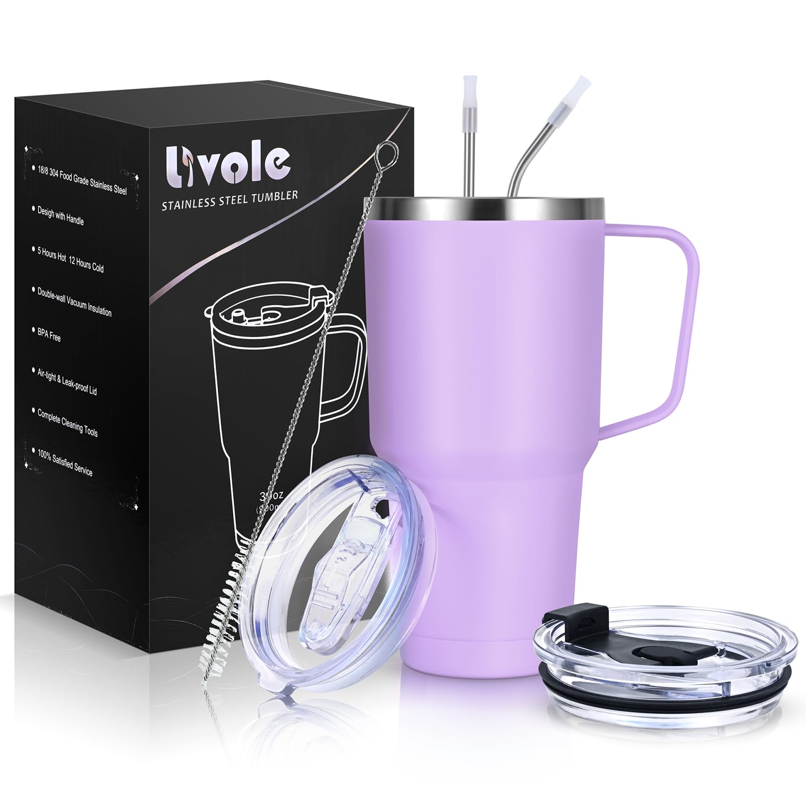 Livole 30oz 900ml Travel Tumbler with Handle, Insulated Vacuum Travel Coffee Mug, Stainless Steel Water Bottle Flask, Double Walled Leakproof Thermal Mug for Camping, Sports, Office, Home, Purple