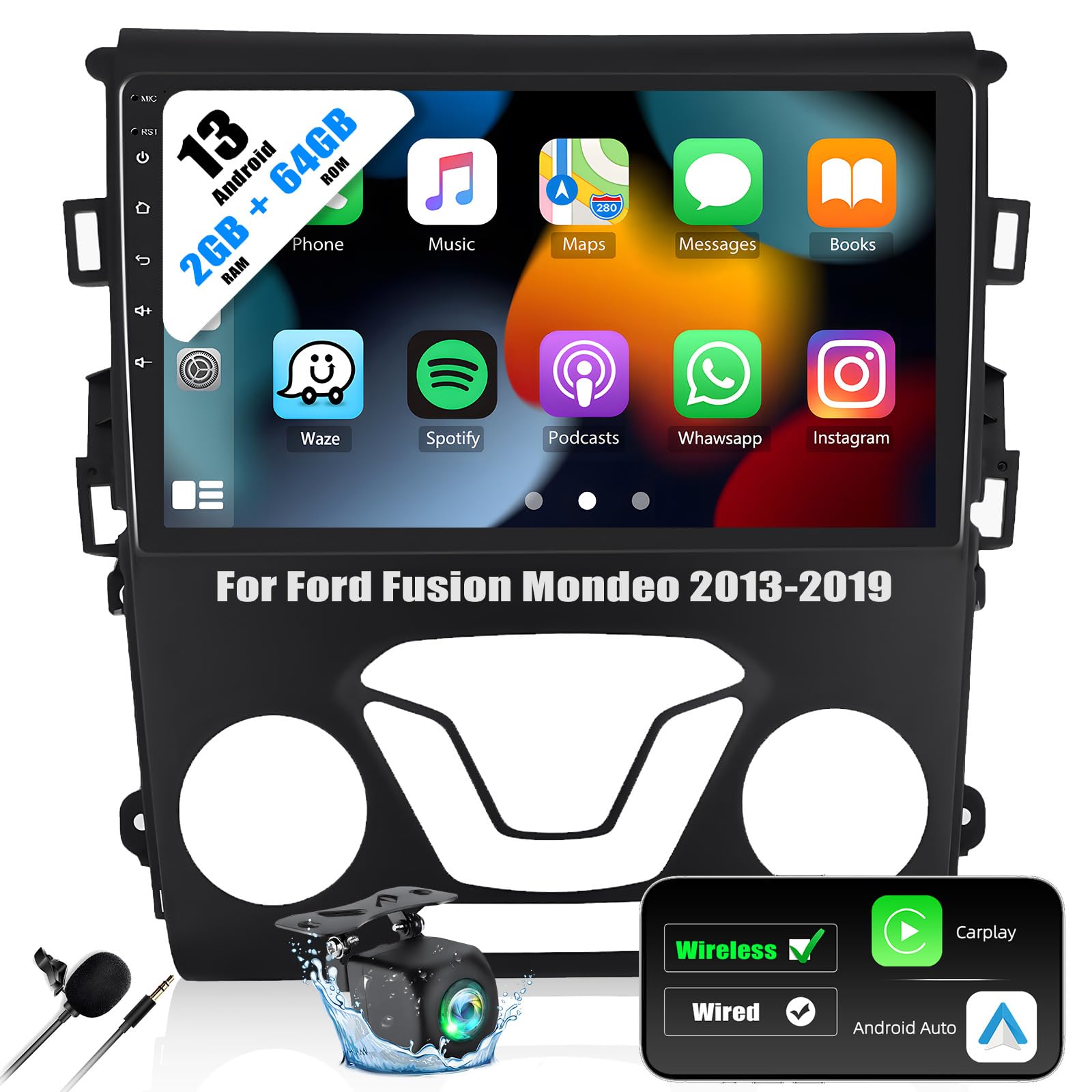 Photo 1 of 2+64G Android 13 Car Stereo for Ford Fusion Mondeo 2013-2019,9'' HD Touchscreen Ford Fusion Mondeo Car Radio with Wireless Carplay Android Auto WiFi GPS Navigation Bluetooth FM Radio SWC+Rear Camera
