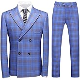 Mens Plaid 3 Piece Suits Slim Fit Double Breasted Plaid Suit Jacket Vest Pants Set Formal