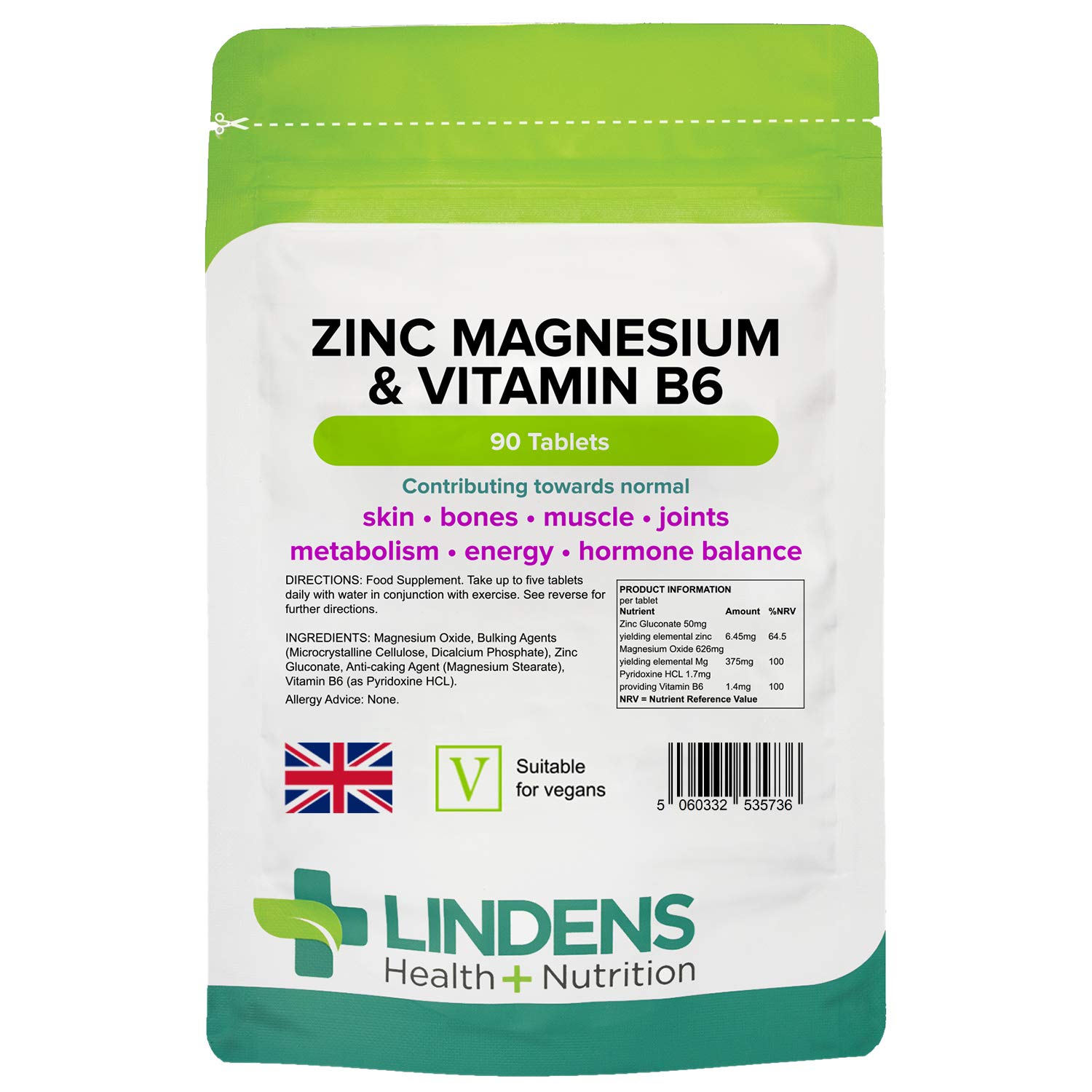 Lindens Zinc, Magnesium and Vitamin B6 Complex Tablets - 90 Pack - Reduction of Tiredness and Fatigue - UK Manufacturer, Letterbox Friendly