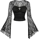 BEAUDRM Women's Gothic Renaissance Shirt Y2k Floral Lace Long Bell Sleeve Crop Tops Mesh Ruched Top Country Concert Outfits
