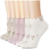 bropapa Women‘s Ruffle Ankle Socks,Vintage Patterned,Short Casual Dress Sock,Cute Princess Lettuce Floral Socks 6 Pack