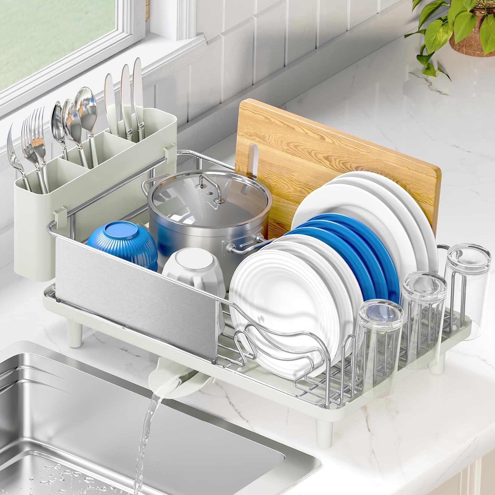 Stainless Steel Dish Drying Rack - Large Capcity 304 Grade Dish Drainer for Kitchen Counter with Drain Board, Utensil Holder & Detachable Cup Shelf, Rustproof Multifunctional Organizer, Light Green Image